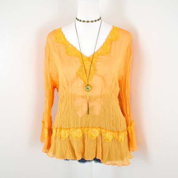 VTG 00s Y2K Piano Orange Sheer Crinkle Pleated Sequin Lace Trim Bell Sleeve Top - Picture 1 of 8